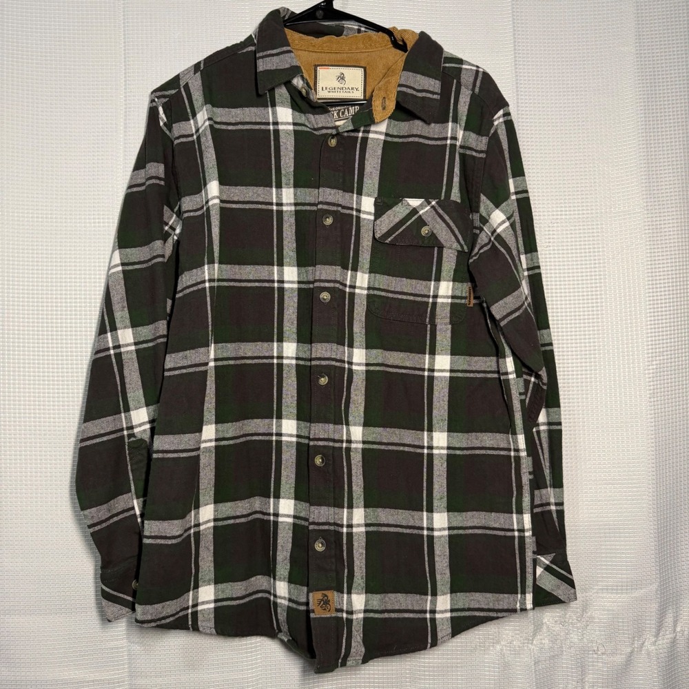 Legendary Whitetails Buck Camp Flannel Shirt Medium Green‎ Plaid Corduroy Trim